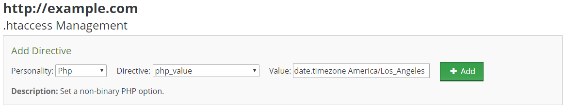 Setting default timezone for a given PHP application within the control panel .htaccess manager.